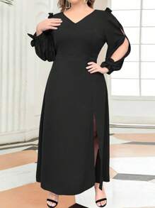 SHEIN Clasi Plus Split Thigh Knot Shoulder Dress - Black - View 5