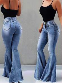 Women's Casual Washed Pocket Skinny Bell-Bottom Jeans - 淺色水洗藍 - 查看 4