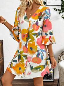 SHEIN LUNE Women's Holiday Casual Random Flower Print Flare Sleeve Front Button-Up Dress - Multicolor - View 3