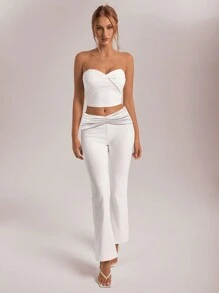 Aloruh Women's Everyday Design Twist Strapless Top And V-Neck Low-Waist Flared Pants White 2pcs Set