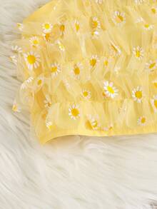 SHEIN 2 piezas/Conjunto Parte superior de tirantes con margaritas y falda acampanada para niñas preadolescentes, conjunto de ropa de verano para vacaciones - Amarillo - Ver 5