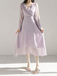 DAZY 碎花印花荷叶边淡紫色连衣裙，秋季连衣裙 - 紫色 - 查看 6