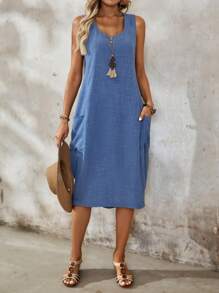 EMERY ROSE Solid Color Button Pocket Women's Casual Sleeveless Summer Daily Dress - Blue - View 3