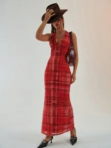 Aloruh New Elegant And Retro Plaid Sheer Floral Print Dress With Sashes, Sexy Open Back And Waist-Cinching Design