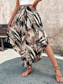 Breezaya Women's Random Cut Waist Asymmetrical Hem Holiday Skirt With Leaf Print Maxi Vacation Beach Outfit Fall Cloth For Women - Multicolor - View 3