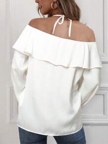 INAWLY Women's Summer Elegant Solid Color Off-Shoulder Shirt With 3D Floral Decoration - White - View 2