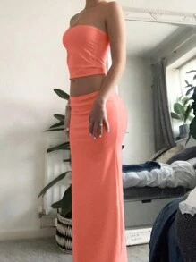 INAWLY Váy ống suông & xẻ đùi hàng ngày dành cho nữ - Màu Cam san hô - Xem 3