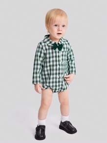 SHEIN Conjunto de camisa de bebé a cuadros con lazo delantero y pantalones de tirantes y sombrero para niño - Multicolor - Ver 5