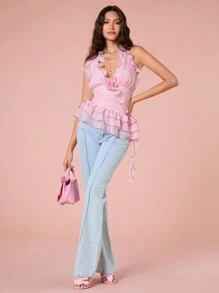 Enchnt Áo không tay mùa hè màu trơn dành cho nữ, có bèo nhún và trang trí hoa 3D. - Hồng - Xem 5