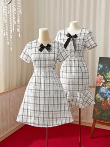 Vestido de línea A elegante y de moda con estampado de cuadros y cinturón apretado en la cintura con un lazo para mujer