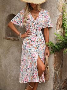 SHEIN LUNE 女士鮮花小印花連衣裙，V領設計，荷葉邊，A字型剪裁（隨機印花） - 白色 - 查看 6