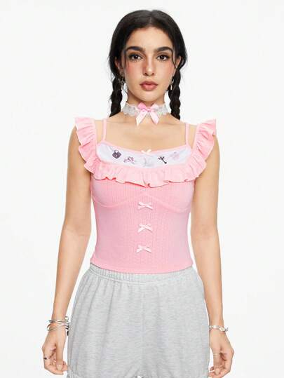 Kawaii 1 pezzo Blusa da donna con stampa di coniglietto, doppio strato con volant, in tessuto strutturato, stile ingenuo e carino