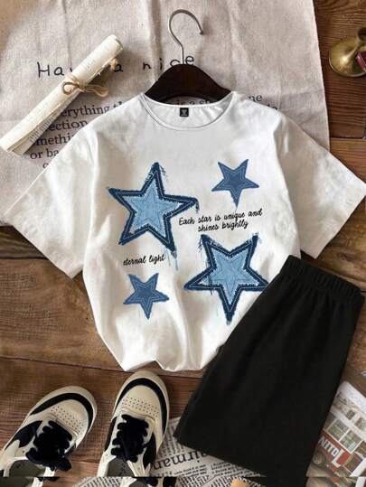 SHEIN EZwear Casual Round Neck Short Sleeve Top And Shorts Set For Plus Size Women, Suitable For Summer