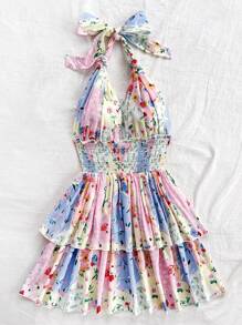 Soleia Multi-Color Block Patchwork Retro-Floral Country Style Vacation Romantic Casual Dress With Ruffles, Knots, And Bow, Double-Layered 'A' Dress - Multicolor - View 3