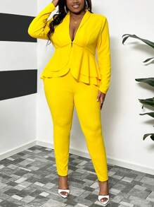 Slaydiva Fall Classic Commuting Women's Plus Size Yellow Women Dresses Yellow Solid Color Waist-Cinching Frilled Hem V-Neck Suit Set - Yellow - View 10