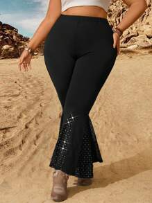 SHEIN LUNE Plus Size Solid Color Travel Matching Flared Pants - Black - View 3