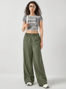 EURMUSE Parachute Fabric Wide Leg Pant - Olive Green - View 1
