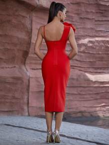 Floral Sculptural Asymmetrical Neck Tight Bandage Party Dress With Spaghetti Straps Wedding Guest Cocktail Dress - Red - View 2