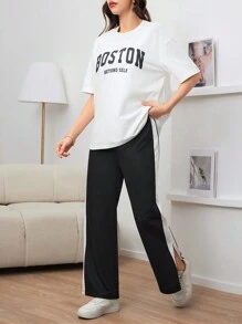 Seusyu 字母图案落肩 T 恤和撞色侧缝开衩裤两件套 - 黑與白 - 查看 5