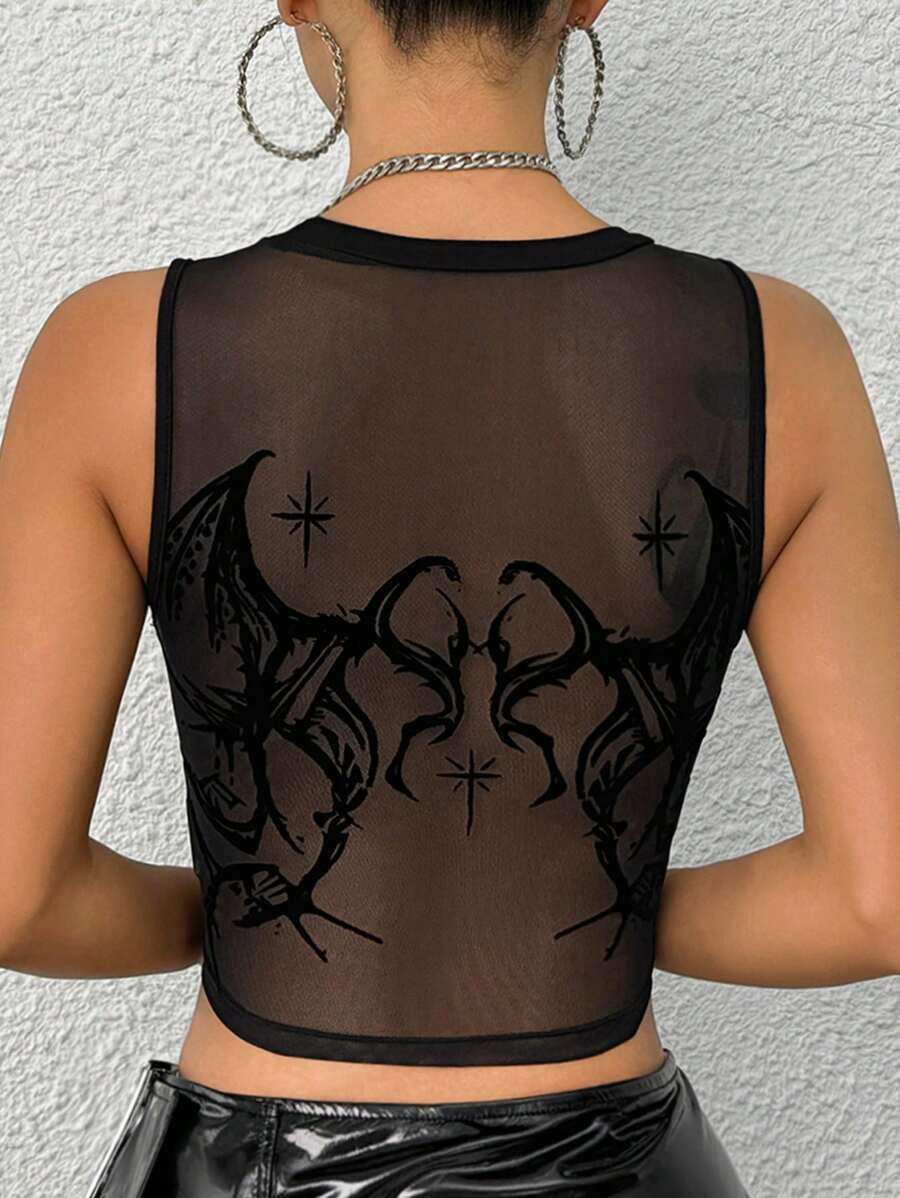 SHEIN ICON Frauen Sommer Netzspitze Slim Fit Crop Y2K Ausgeh- und sexy transparente schwarze Oberteil mit Rundhalsausschnitt - Schwarz - Übersicht 1