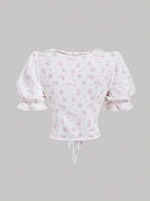 SHEIN MOD Blusa de mujer de manga media con flores rosa y blanco, mangas abullonadas y apertura delantera con volantes, blusa floral rosa - Rosa - Ver 2