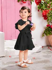SHEIN Baby Girl Casual Summer Belted Solid Color Drop Shoulder Ruffle Asymmetrical Hem Dress - Black - View 2