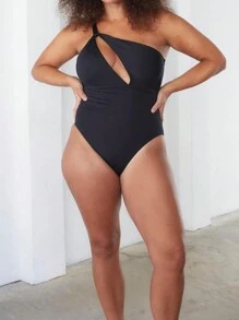 SHEIN Clasi Plus One Shoulder Cut Out Bodysuit - Black - View 4