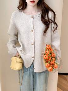 Áo khoác cardigan dệt kim cổ tròn dài tay trễ vai màu trơn đơn giản dành cho nữ, mùa thu/đông - Màu be - Xem 3