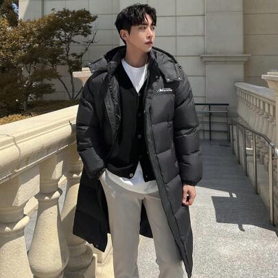 Men's Long Letter Print Padded Coat, Winter