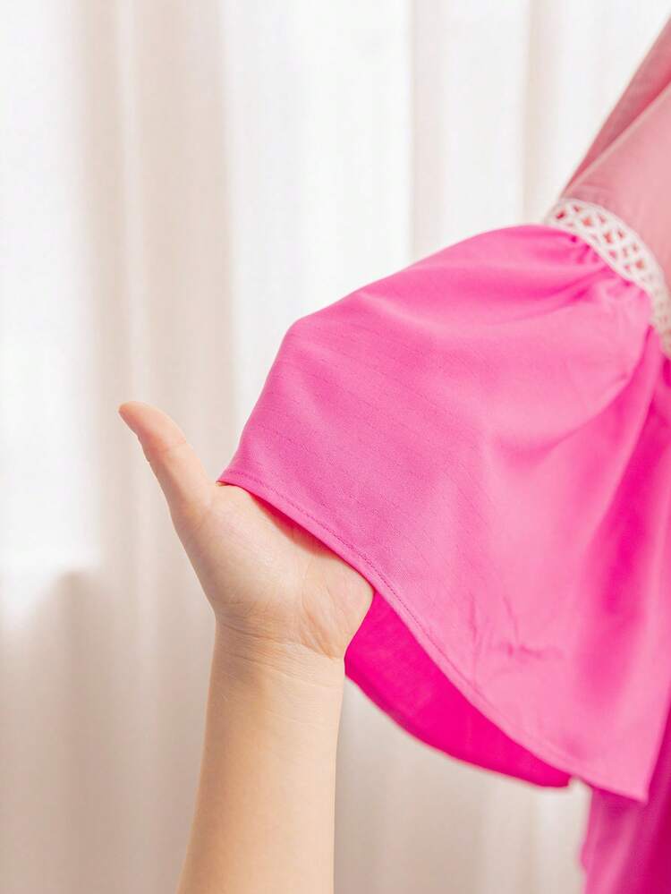 Plus-Size Women's Pleated Small Flash Shoulder Strap Pink Patchwork Back Lace Patchwork A Set Of Rural Holiday Style Dress