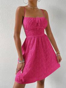 Soleia Ladies' Solid Color Textured Casual Cami Dress - Hot Pink - View 6