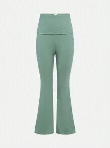 SHEIN Teenage Girl's Knitted Solid Color Ribbed Short Sleeve T-Shirt And Flared Pants Casual Sports Two-Piece Set - Green - View 10