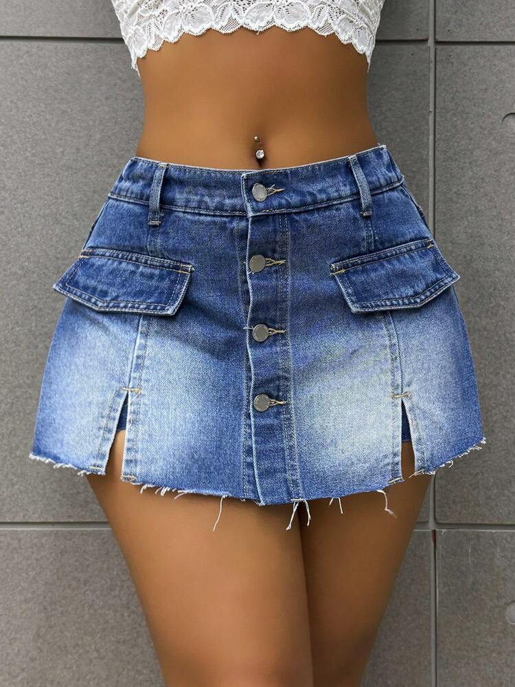 Sexy Women's Denim Shorts Dress With Attached Skirt, Blue