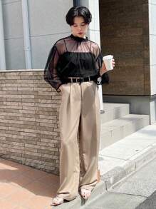 Women's Semi-Transparent Mesh Decorated Fashion Shirt - Black - View 2