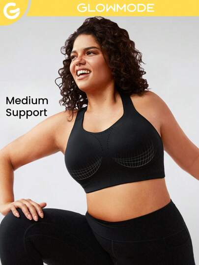 GLOWMODE 中等支撐黑色可變形背帶全覆蓋運動胸罩瑜珈大碼運動胸罩
