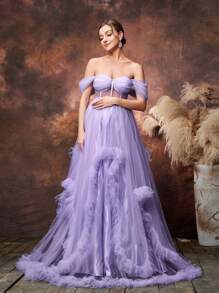 Faeriesty Dressalisa Maternity Off Shoulder Sheer Bodice Ruffle Trim Tulle Evening Dress - Purple - View 1