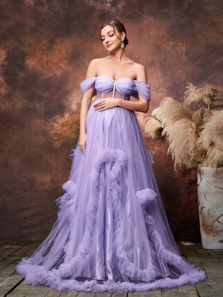 Faeriesty Dressalisa Maternity Off Shoulder Sheer Bodice Ruffle Trim Tulle Evening Dress - Purple - View 1
