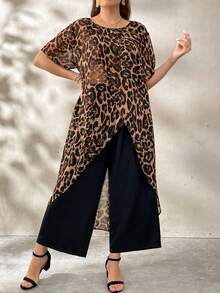 SHEIN Clasi Black & White Polka Dot Short Sleeve Overlap Top And Long Pants 2-Piece Set For Plus Size Women Casual Outfits - Multicolor - View 4