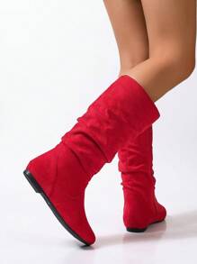 Fall/Winter 2025 Red Pleated Flat Round Toe Side Zipper All-Match Casual Comfortable Fashionable Women's Flat Boots
