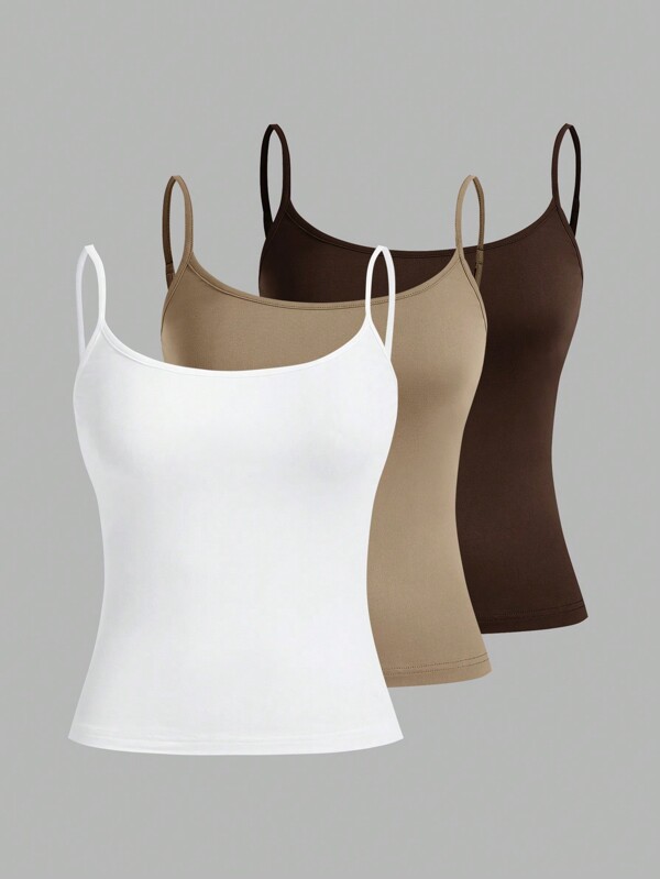 SHEIN EZwear 3pcs/Set Women's Sleeveless Fitted Camisole Tops, Suitable For Summer Back To School