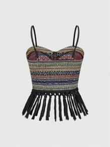 ROMWE Hippie Women's Bohemian Style Geometric Printed Fringed Camisole