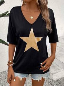 SHEIN LUNE 女式夏季V領短袖T恤，五角星印花 - 黑色 - 查看 5