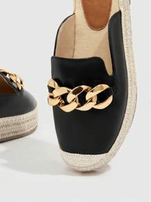 Styleloop Zapatos de mujer de moda Zuecos tipo alpargata con decoración de cadena negra para el verano, rebajas de verano, vuelta al colegio, calzado universitario, zapatos con estilo bohemio y vintage francés para Navidad, Año Nuevo y otoño.
