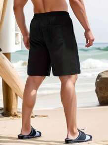 Men's Loose Casual Summer Bermuda Shorts With Letter Pattern Drawstring Waist - Black - View 2