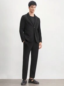 AKNOTIC Men's 2pcs Knitted Business Casual Suit Set, Long Sleeve Shoulderless Padded Coat And Straight-Leg Trousers For Spring/Autumn Office Wear - Black - View 2