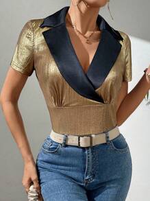 SHEIN Clasi Women's Short Sleeve T-Shirt With Gold-Stamped Flat Collar And Color-Contrasting Splicing - Gold - View 5