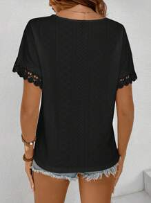 SHEIN Frenchy Frenchy Women's Solid Color Hollow Out Embroidered Lace Trim White Wedding T-Shirt