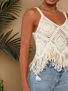 Travachic Fringe Hem Crochet Cover Up - Beige - View 3