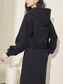SHEIN EZwear Chất rắn Dây rút Lót nhiệt Hoodie - màu đen - Xem 2