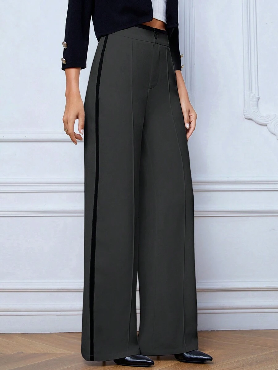 SHEIN Tall Women's Casual & Commuting Contrast Trim Wide Leg Pants - Dark Grey - View 1